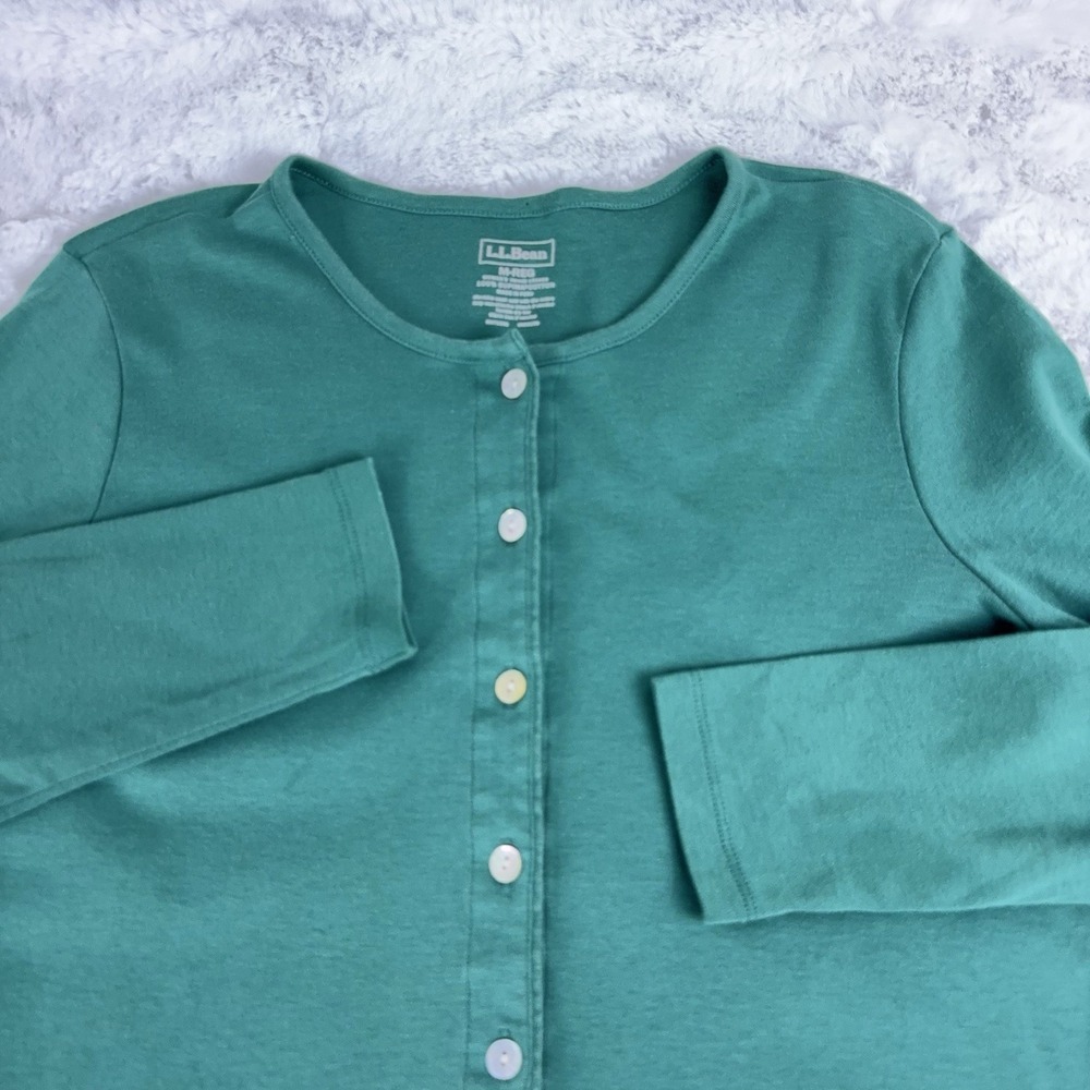 L.L. Bean 100% Supima Cotton Teal Green Long Sleeve Pearl Button Cardigan Knit M - Picture 5 of 10